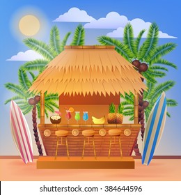 Tropical Vacation Banner with Beach Bar and Palm Trees. Vector illustration for summertime