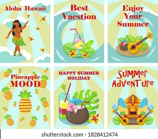 Tropical vacation banner design set. Hawaiian dancer, cocktails, fruits, ukulele vector illustration. Colorful graphic elements with text. Template for travel brochures, tropical resort flyers