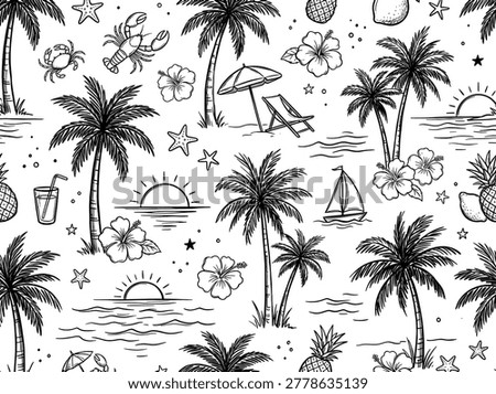 Tropical vacation beach resort pattern featuring palm trees sailing boats sunsets and hibiscus flowers in monochrome hand-drawn style with soft shading for branding and packaging design