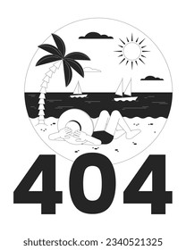 Tropical vacation black white error 404 flash message. Hat woman in bikini on beach. Summertime. Monochrome empty state ui design. Page not found popup cartoon image. Vector flat outline illustration