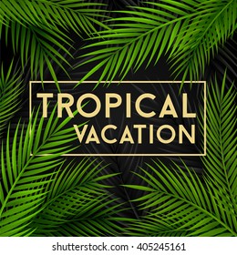 Tropical vacation card with palm leaves. Jungle background.