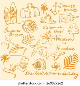 Tropical vacation doodle icon set