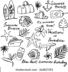 Tropical vacation doodle icon set