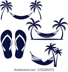 Tropical Vacation Elements Hammocks, Palm Trees, and Flip-Flops in Minimalist Silhouette Style for Summer Travel and Relaxation Icons.