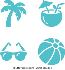 Tropical vacation elements including palm tree, cocktail, sunglasses, and beach ball