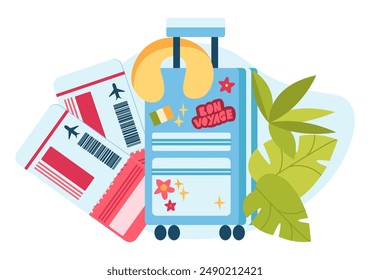 Tropical Vacation Essentials, equipaje de viaje. Maleta azul con pegatinas, billetes de avión, almohada de cuello, hojas de palma. Perfecto para agencias de viajes, blogs y Sitios web de planificación de vacaciones. Vector.