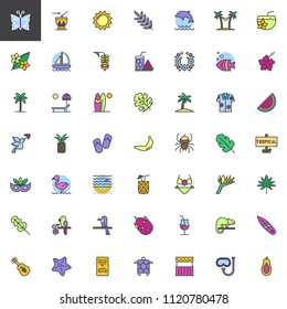 Tropical vacation filled outline icons set, line vector symbol collection, linear colorful pictogram pack. Signs, logo illustration, Set includes icons as Cocktail, Palm tree, Sunbed, Bikini, Hammock