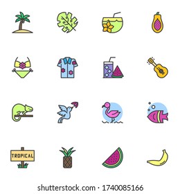 Tropical vacation filled outline icons set, line vector symbol collection, linear colorful pictogram pack. Signs logo illustration, Set includes icons as shirt, guitar, swimsuit, cocktail, pineapple