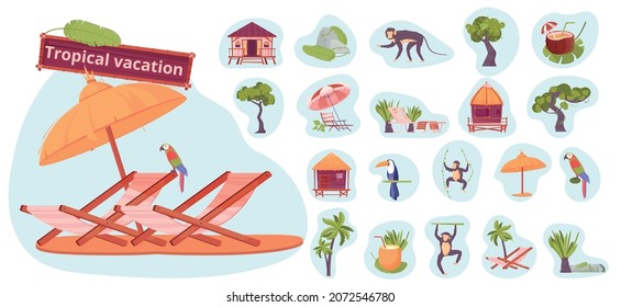 Tropical vacation flat icons set of beach equipment for sunbathing exotic animals and plants vector illustration