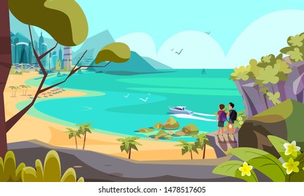 Tropical vacation flat vector illustration. Backpackers, tourists standing on cliff cartoon characters. Young friends overseeing beach. Active outdoor recreation, backpacking, hiking hobby