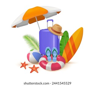 Tropical vacation, isolated summertime season items for holiday. Vector parasol protecting from sun, baggage and surfing board. Exotic plants leaves, flip flops and lifebuoy, volleyball ball