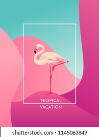 Tropical Vacation Layout with Flamingo Bird for Web, Landing Page, Banner, Poster, Website Template. Hello Summer Background for Mobile App, Social Media. Vector illustration