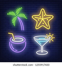 Tropical vacation neon sign set. Palm, starfish, coconut drink and cocktail on brick wall background. Vector illustration in neon style for topics like summer vacation, travel, resort