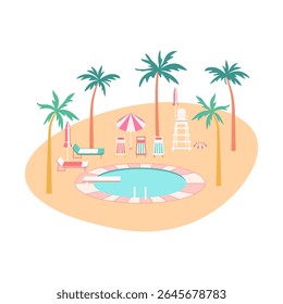 Tropical vacation poolside scene vector illustration. Round pool with diving board, palm trees colorful lounger chairs, parasol, lifeguard chair on beach sand background. Summer resort composition