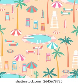 Tropical vacation poolside scene vector seamless pattern. Round pool, swim rings, palm trees, colorful sun loungers, parasols, lifeguard chair on beach sand background. Fun summer resort repeat tile