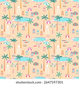 Tropical vacation poolside scene vector seamless pattern. Round pool, swim rings, palm trees, colorful sun loungers, parasols, lifeguard chair on beach sand background. Fun summer resort repeat tile