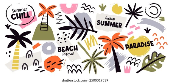 Tropical vacation resort, summer chill, beach paradise with hand drawn doodles blots scribble design and brush stroke pattern. Palm tree and leaves with grunge paint drawing vector illustration