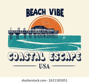 Tropical Vacation. retro prints. summer beach prints. girls summer graphics. t shirt design. Coastal Escape Usa. beach resort.  summer slogan with beach illustration, graphics, stamp,