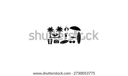 a tropical vacation scene featuring palm trees a hammock and beach accessories silhouette