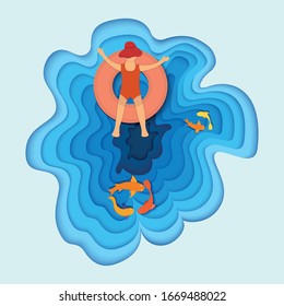 Tropical vacation sea, kid character on water mattress, oceanic fish, concept cutting paper vector illustration. Design flat web banner, poster and greeting card ocean holiday.