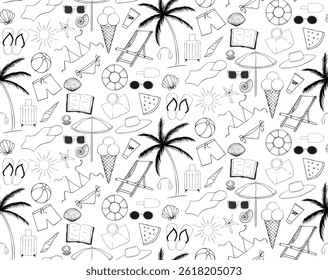 Tropical vacation seamless pattern with palm trees, chair, suitcase, swimwear etc. Vector graphic line ink Hand drawn minimal art background. Surface cover design. Fabric textile print.
