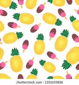 Tropical vacation seamless pattern. Pineapple fruit, pink popsicle ice cream. Clear flat design, bright lively print, white background. Summer card, banner, social media story, advertisement backdrop.