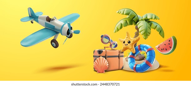 Conjunto de vacaciones tropicales con accesorios de avión y playa. Ilustración 3D colorida y alegre con elementos esenciales para las vacaciones con un avión juguetón, sobre un fondo amarillo cálido. Viaja en verano.