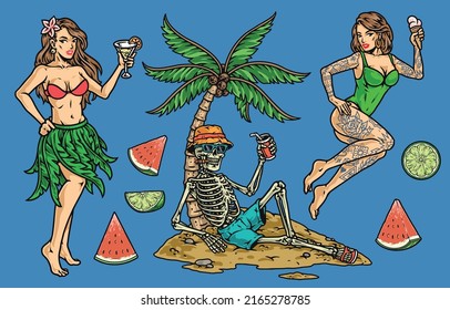 Tropical vacation set colorful emblem vintage skeleton and woman in Hawaiian swimsuits with cocktails and fruits under palm vector illustration