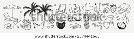 Tropical Vacation Set. Hand drawn doodle illustrations of palm trees, swimsuit, lounge chairs, coconut, pineapple.Dolce vita aesthetic for t-shirt print, invitations. Sea beach weekend.	