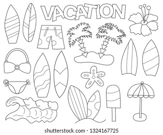 Tropical vacation set of icons and objects. Hand drawn doodle summer beach design concept. Black and white outline coloring page game. Monochrome line art. Vector illustration.