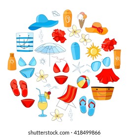 Tropical vacation, summer holidays, sea and beach. Things for woman.Round template for summer design.