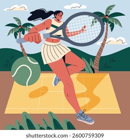"Tropical vacation tennis concept. A dynamic vector illustration depicting a woman playing tennis on a court surrounded by palm trees."