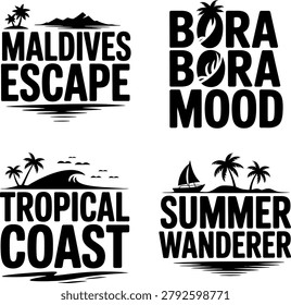 Tropical vacation themed typography featuring palm trees, waves, sailing boats, and island phrases on a white background