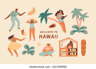 Tropical vacation tourism illustrations set with people in the beach. Hawaiian culture graphic collection.