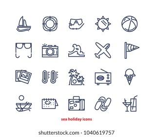 Tropical Vacation, Travel, Summer Holiday, Line Icons Set