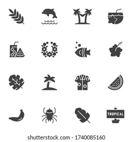 Tropical vacation vector icons set, modern solid symbol collection, filled style pictogram pack. Signs, logo illustration. Set includes icons as palm tree beach, fresh lemonade, watermelon, cocktail