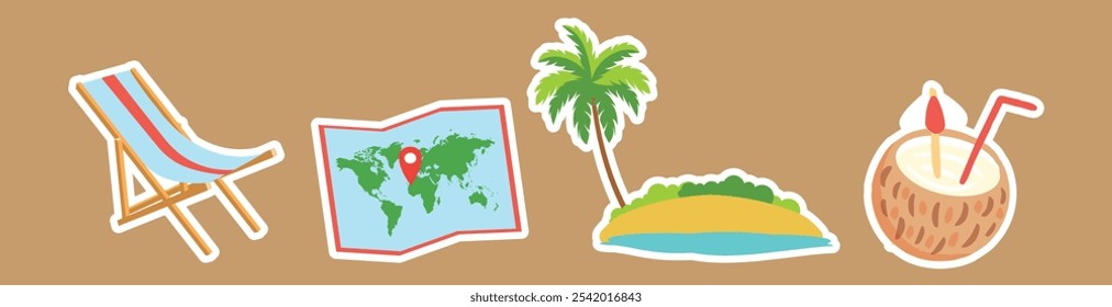 Tropical Vacation Vector Set with Sun Lounger, World Map, Palm Island, and Coconut Drink Perfect for Summer Travel Illustrations

