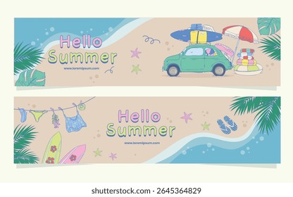 Tropical Vacation Web Banner Hand Drawn Illustration Pack. Summer vacation banners with playful elements and bright colors. Great for travel agencies, summer sales, or blog visuals.