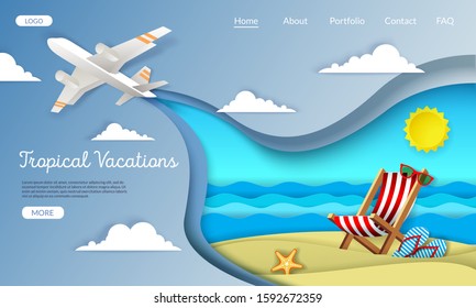 Tropical vacations vector website template, web page and landing page design for website and mobile site development. Summertime beach holidays, layered paper cut style.