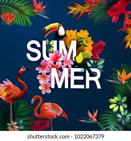 tropical vacation,vector banner with tropical flowers and flamingo,tucans