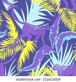Tropical vecror pattern with monkey and palm leaves. Jungle seamless illustration. Trend print.