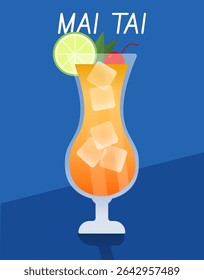 Tropical vector art of Mai Tai cocktail with orange and cherry garnish. Blue background suitable for summer and beach-themed designs.