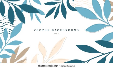 Tropical vector background for banner, poster with bright modern design, colored exotic leaves, twigs. Cover template for presentation. Jungle plants in blue, nude color with abstract illustration