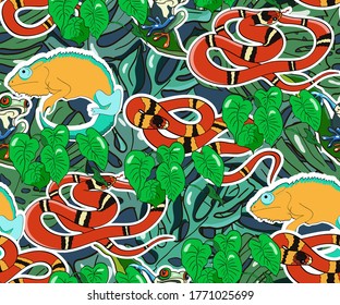 Tropical vector background. Cartoon reptiles and plants. Chameleons, coral snakes, tree frogs.