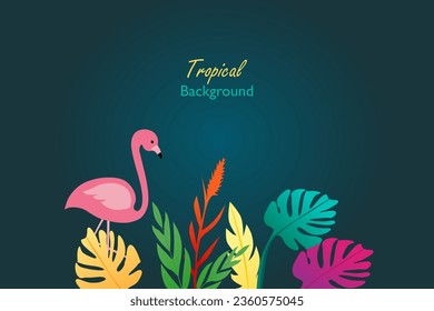 Tropical vector background with colorful leaves and pink flamingo. Abstract foliage and botanical background.