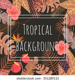 tropical vector background with flower and palm leaves