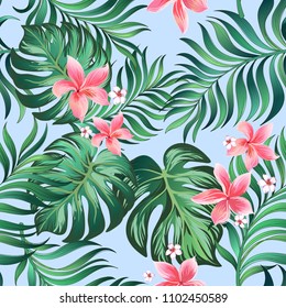 Tropical vector background with jungle leaves and flowers. Seamless background. template for print, wallper, cover and clothes design. 