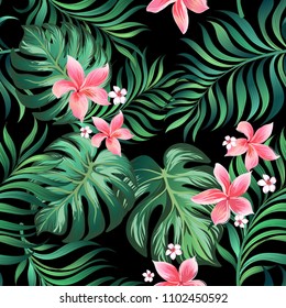 Tropical vector background with jungle leaves and flowers. Seamless background. template for print, wallper, cover and clothes design. 