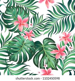 Tropical vector background with jungle leaves and flowers. Seamless background. template for print, wallper, cover and clothes design. 