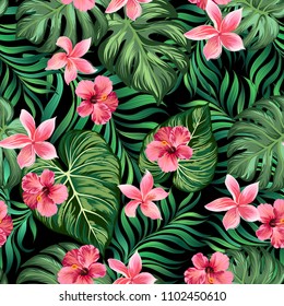 Tropical vector background with jungle leaves and flowers. Seamless background. template for print, wallper, cover and clothes design. 